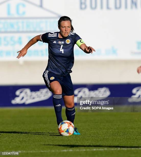 Rachel Corsie seen in action during the Women's Friendly football match between Wales and Scotland at Parc Y Scarlets. .