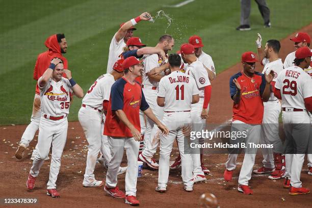 Paul Goldschmidt of the St. Louis Cardinals celebrates after hitting a walk-off home run in the ninth inning against the Miami Marlins at Busch...