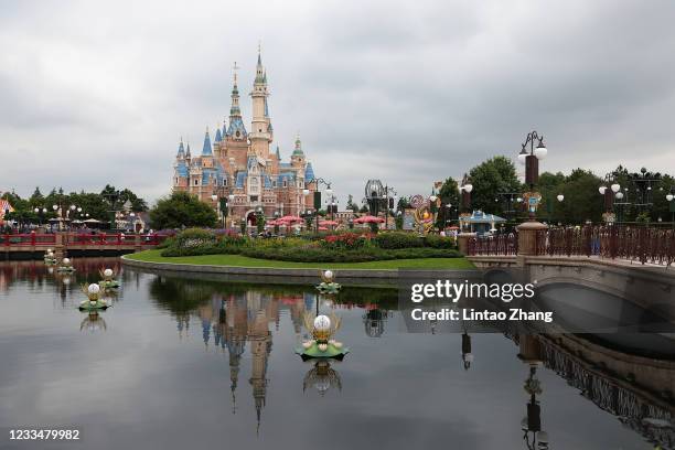 Aerial view of Shanghai Disneyland during the 5th anniversary celebration on June 16, 2021 in Shanghai, China. With the COVID-19 coronavirus pandemic...