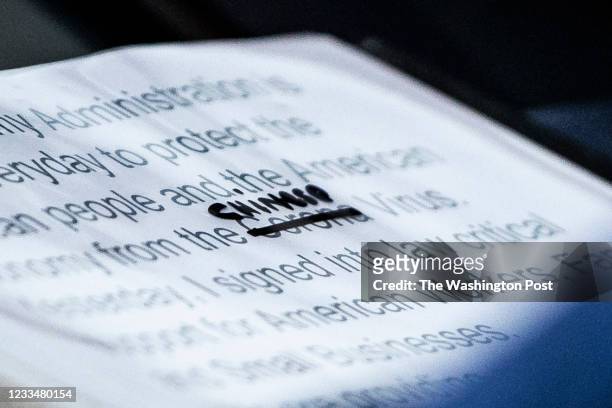 Close up of President Donald J. Trump's notes is seen where he crossed out "Corona" and replaced it with "Chinese" Virus as he speaks with his...