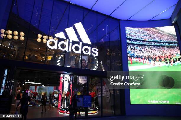 View of the official European Championship football and kit exhibition at Adidas' flagship store on Nanjing East Road, Shanghai, China, June 14,...