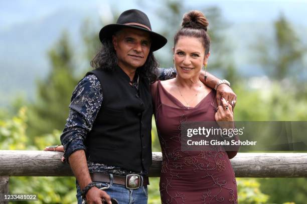 Christine Neubauer and Jose Campos pose during the "Watzmann ermittelt" photocall for "Die verkaufte Braut" on June 8, 2021 at Kastensteinerwand Alm...