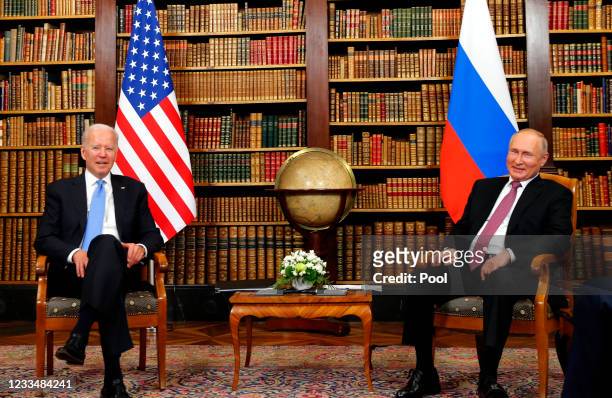President Joe Biden and Russia's President Vladimir Putin meet at the start of the U.S.-Russia summit at Villa La Grange on June 16, 2021 in Geneva,...