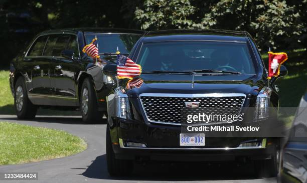 The motorcade of U.S.President Joe Biden arrives to the US - Russia Summit 2021 at the La Grange Villa near the Geneva Lake, on June 16, 2021 in...