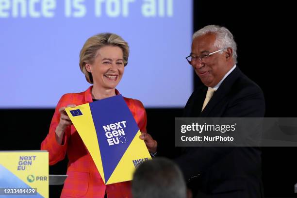 European Commission President Ursula Von Der Leyen and Portuguese Prime Minister Antonio Costa give a press conference at the Pavilion of Knowledge -...