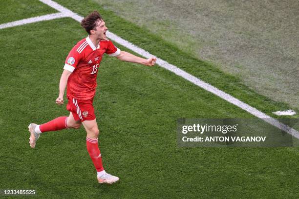 Russia's forward Aleksey Miranchuk celebrates scoring the opening goal during the UEFA EURO 2020 Group B football match between Finland and Russia at...