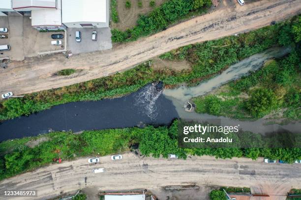 Drone photo shows an aerial view of color chance due to water contamination at Kocasu Creek where ,it meets Nilufer Stream and Marmara Sea in...