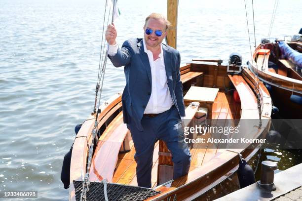 Alexander zu Schaumburg-Lippe arrives by boat during the official opening of the island Wilhelmstein on June 16, 2021 in Wunstorf, Germany....