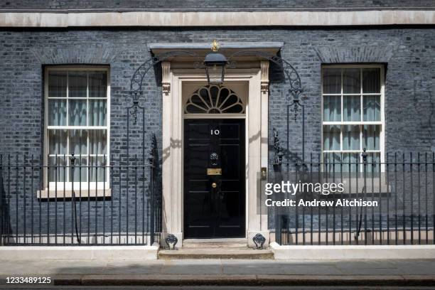 Rare ray of sunshine hits the main front door of number 10 Downing Street, the home of the British Prime Minister on the 25th of May 2021 in...