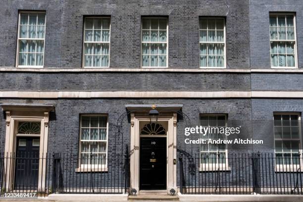 Rare ray of sunshine hits the main front door of number 10 Downing Street, the home of the British Prime Minister on the 25th of May 2021 in...