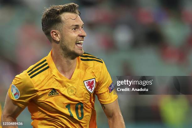 Aaron Ramsey of Wales celebrates a goal during the EURO 2020 Group A soccer match between Turkey and Wales at the Baku Olympic Stadium in Baku,...