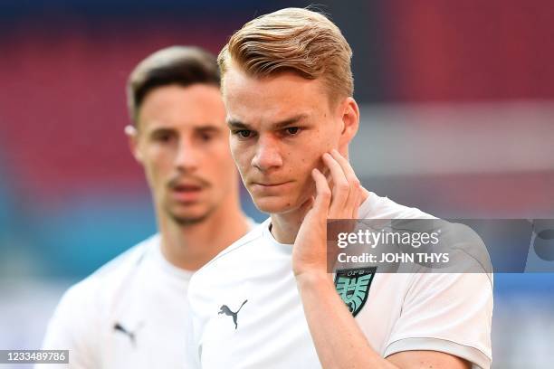 Austria's defender Philipp Lienhart takes part in an MD-1 training session at the Johan Cruijff Arena stadium in Amsterdam on June 16 on the eve of...