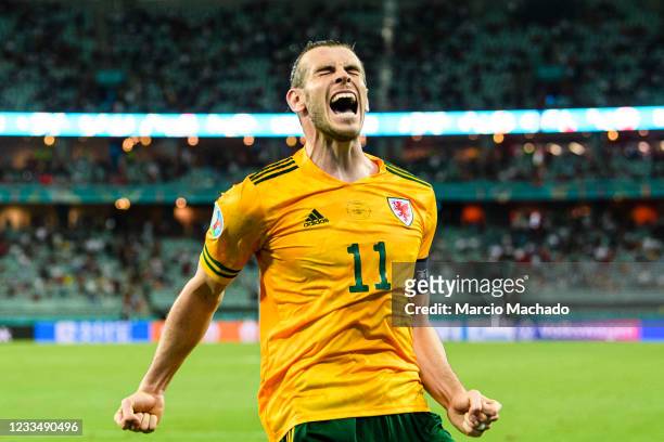 Gareth Bale of Wales celebrates his assist for the second goal of Wales during the UEFA Euro 2020 Championship Group A match between Turkey and Wales...
