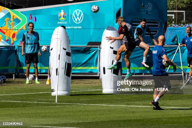 The Danish national football team trains the day before their match against Belgium on June 16, 2021 in Copenhagen, Denmark.