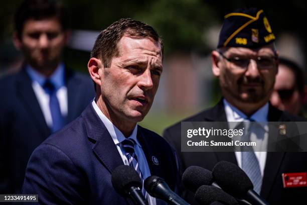 Rep. Jason Crow speaks during a press conference on Capitol Hill with members of The American Legion on June 16, 2021 in Washington, DC. Lawmakers on...