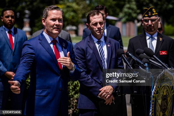 Rep. Mike Waltz speaks alongside U.S. Rep. Jason Crow during a press conference on Capitol Hill with members of The American Legion on June 16, 2021...