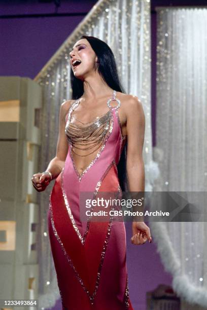 Pictured is Cher performing on her solo music and variety show, CHER. The premiere episode aired February 16, 1975.