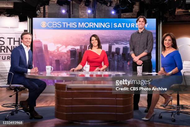 Co-hosts Jeff Glor, Dana Jacobson and Michelle Miller with Executive Producer Brian Applegate.