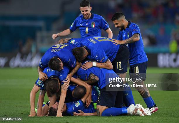 Manuel Locatelli of Italy celebrates with team mates after scoring their side's second goal during the UEFA Euro 2020 Championship Group A match...