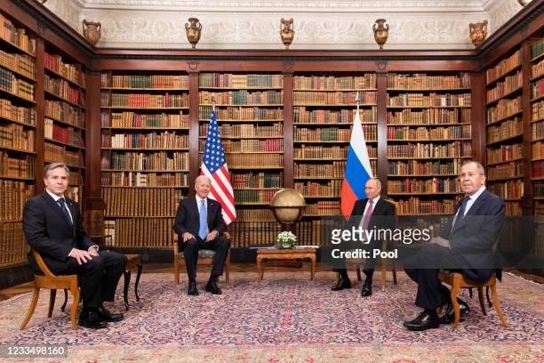 Secretary of State Antony Blinken, U.S. President Joe Biden, Russian President Vladimir Putin and Russian Foreign Minister Sergei Lavrov meet during...