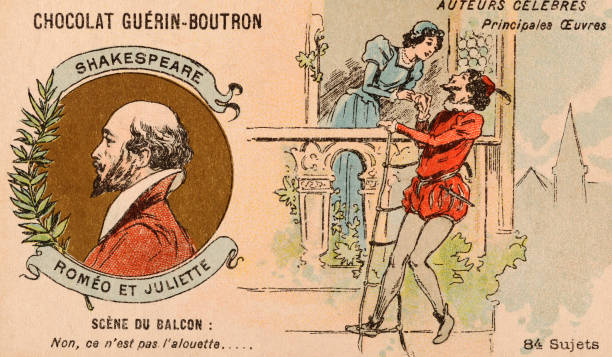 Vintage trade card illustration advertising Chocolat Guerin-Boutron and featuring William Shakespeare, English poet and dramatist, including a scene...