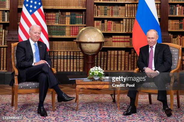 President Joe Biden and Russian President Vladimir Putin meet during the U.S.-Russia summit at Villa La Grange on June 16, 2021 in Geneva,...
