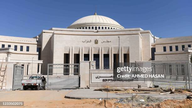 This picture taken on March 7, 2021 shows a view of Egypt's new parliament headquarters being built at the "New Administrative Capital" megaproject,...