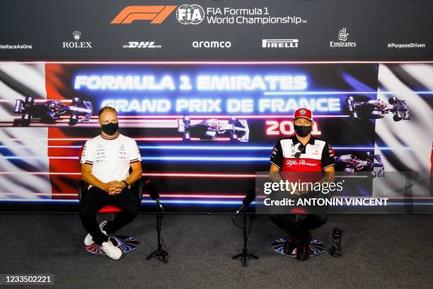 Mercedes Finnish driver Valtteri Bottas and Alfa Romeo Finnish driver Kimi Raikkonen hold a press conference ahead of the French Formula One Grand...