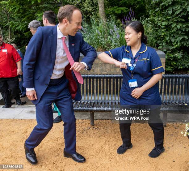 British Health secretary Matt Hancock meets NHS staff during a visit to the Chelsea & Westminster hospital on June 17, 2021 in London, England. The...