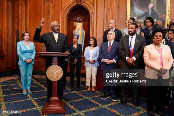 House Majority Whip James Clyburn speaks before a bill enrollment signing ceremony for the Juneteenth National Independence Day Act on June 17, 2021...
