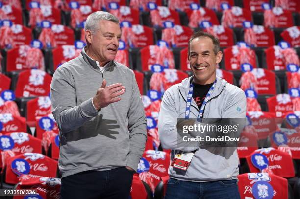 Atlanta Hawks Owners, Antony Ressler and Rick Schnall talk prior to a game during Round 2, Game 5 of the Eastern Conference Playoffs on June 16, 2021...