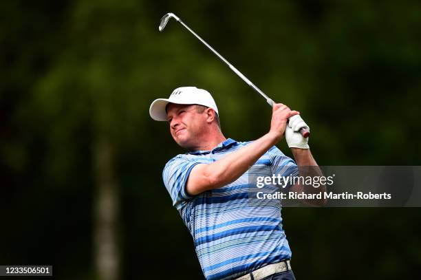 Greig Hutcheon of Torphins GC tees off during Day Three of the PGA Professional Championship at Blairgowrie Golf Club on June 17, 2021 in...