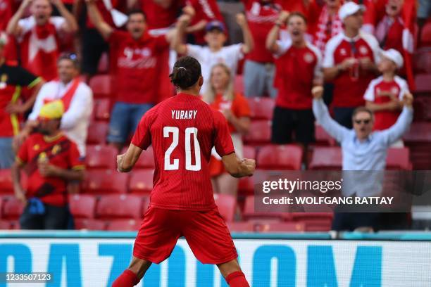 Denmark's forward Yussuf Poulsen celebrates after scoring his team's first goal during the UEFA EURO 2020 Group B football match between Denmark and...