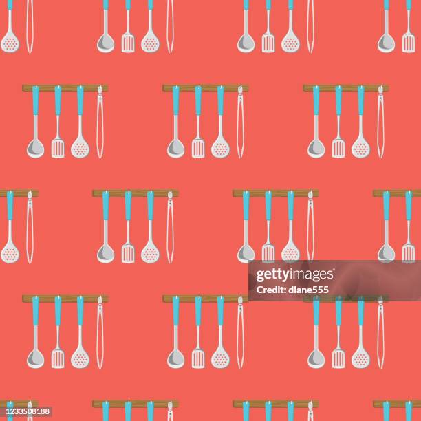 hanging utensils seamless pattern - kitchen tile stock illustrations