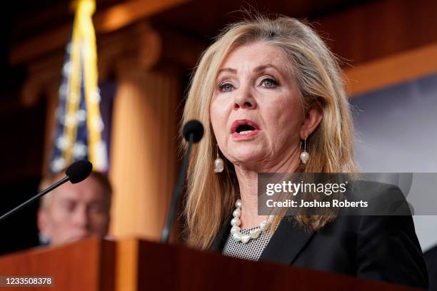 Senator Marsha Blackburn speaks about her opposition to S. 1, the "For The People Act" on June 17, 2021 in Washington, DC. Republican are calling the...