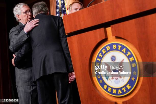 Senate Minority Leader Mitch McConnell speaks with Senator Roy Blunt as Republican Senators speak about their opposition to S. 1, the "For The People...