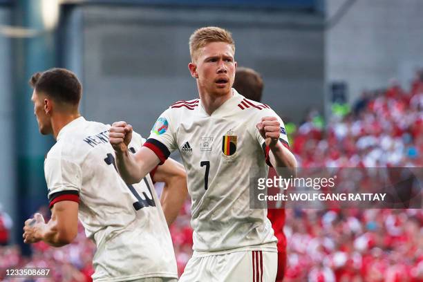 Belgium's midfielder Kevin De Bruyne celebrates after his team's first goal during the UEFA EURO 2020 Group B football match between Denmark and...