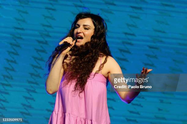 The Italian singer Arisa performs during 'Casa Azzurri' at pratibus district on June 17, 2021 in Rome, Italy.