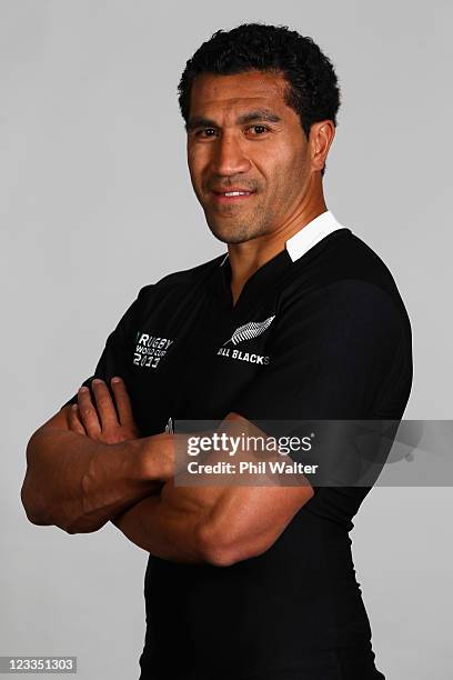 Mils Muliaina of the All Blacks poses during a New Zealand All Blacks IRB Rugby World Cup 2011 headshot session at the Heritage Hotel on September 2,...