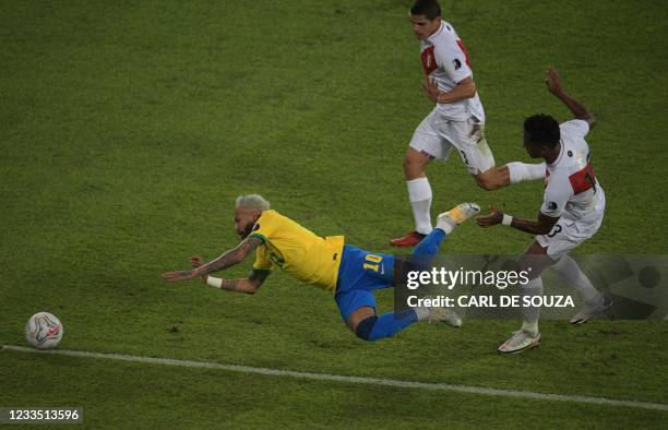 Peru's Renato Tapia and Brazil's Neymar vie for the ball during their Conmebol Copa America 2021 football tournament group phase match at the Nilton...