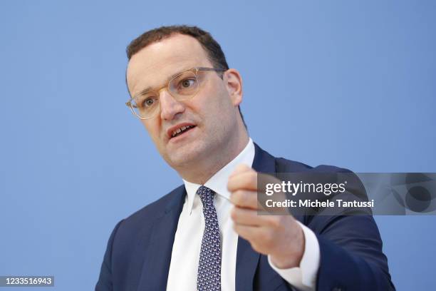 German Health Minister Jens Spahn speaks to the media to give an update on the response to the coronavirus pandemic on June 18, 2021 in Berlin,...