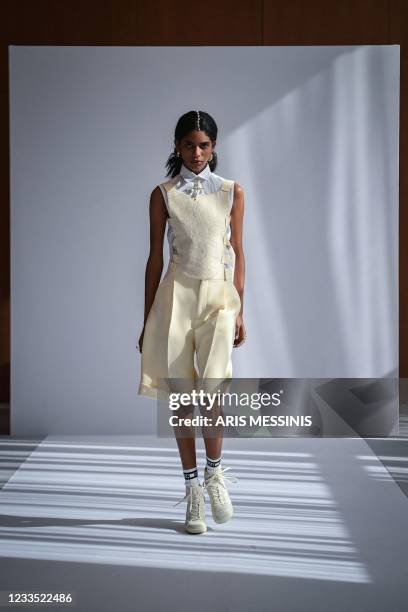 Model presents a creation during the rehearsal of the Dior's Cruise 2022 show in Athens on June 16, 2021.