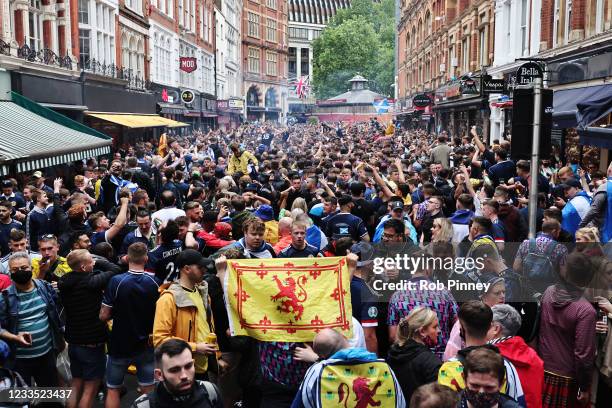 Scotland fans gather near Leicester Square in the West End ahead of the England verus Scotland Euro 2020 match on June 18, 2021 in London, England....