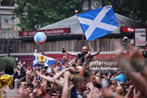 Scotland fans gather near Leicester Square in the West End ahead of the England verus Scotland Euro 2020 match on June 18, 2021 in London, England....