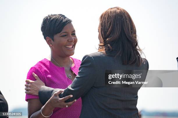 Vice President Kamala Harris greets Atlanta Mayor Keisha Lance Bottoms while arriving at Hartsfield Jackson International Airport on June 18, 2021 in...