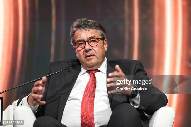 Former German Foreign Minister Sigmar Gabriel speaks at Leaders Panel within Antalya Diplomacy Forum at NEST International Convention Center in...