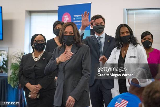 Vice President Kamala Harris , thanks community members with Rep. Nikema Williams , Sen. Jon Ossoff , Dr. Jayne Morgan and Atlanta Mayor Keisha Lance...