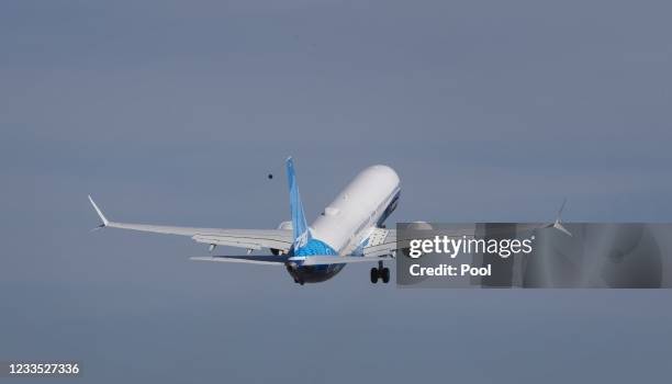 Boeing 737 MAX 10 airliner takes off from Renton Municipal Airport for its first flight on June 18, 2021 in Renton, Washington. The 737 MAX 10 is...