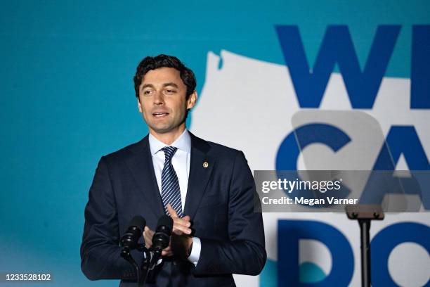 Sen. Jon Ossoff speaks with community members and students at Clark Atlanta University during a vaccine event lead by Vice President Kamala Harris on...