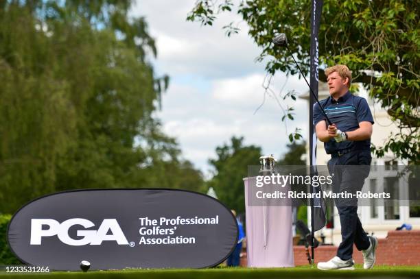 Adam Keogh of Woodhall Spa tees off during Day Four of the PGA Professional Championship at Blairgowrie Golf Club on June 18, 2021 in Blairgowrie,...